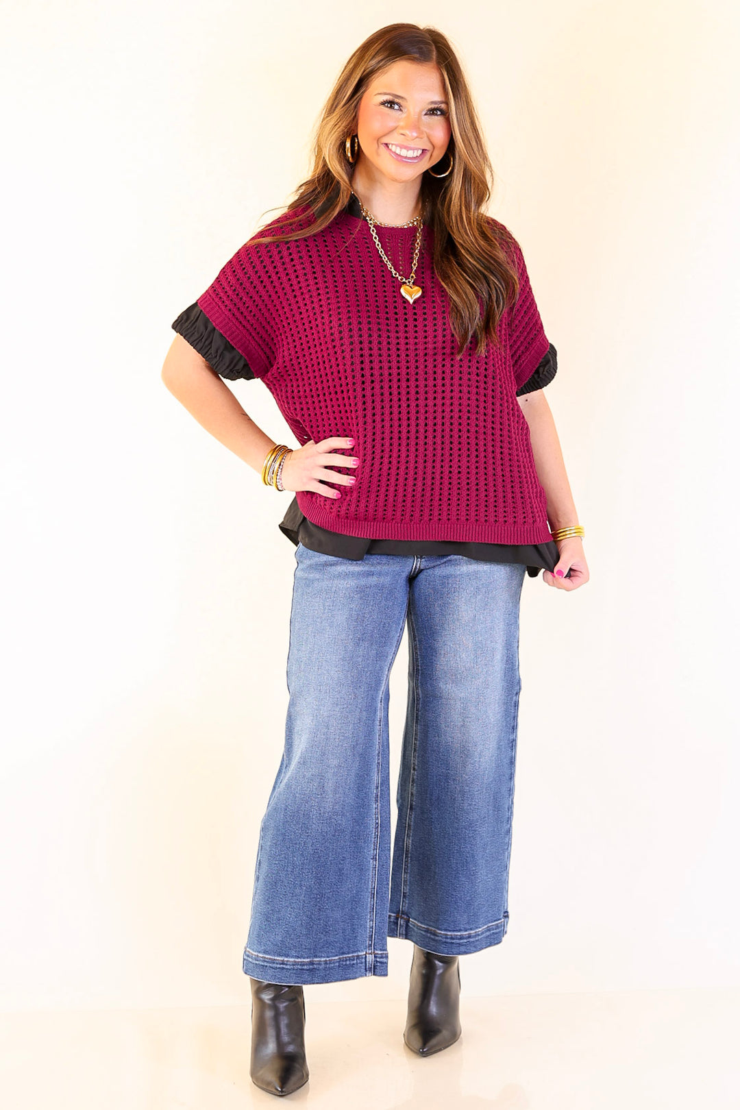 Breezy Intentions Open Knit Short Sleeve Sweater in Maroon