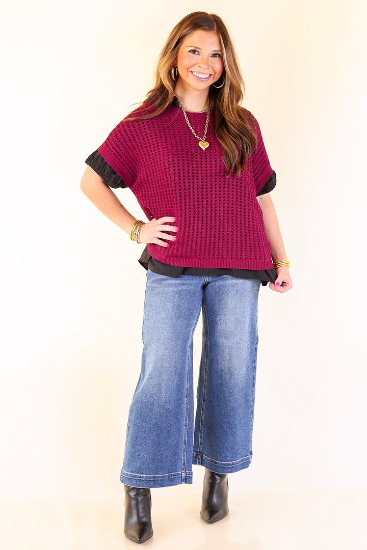 Breezy Intentions Open Knit Short Sleeve Sweater in Maroon