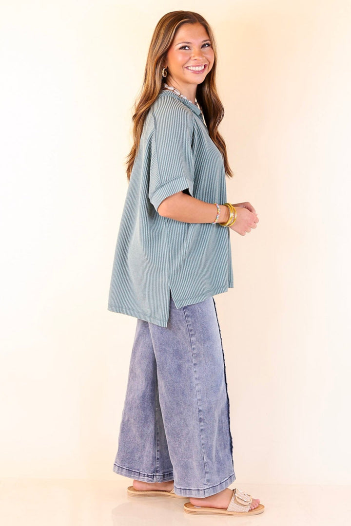 Daily Perfection Scoop Neck Short Sleeve Ribbed Top in Jade Green