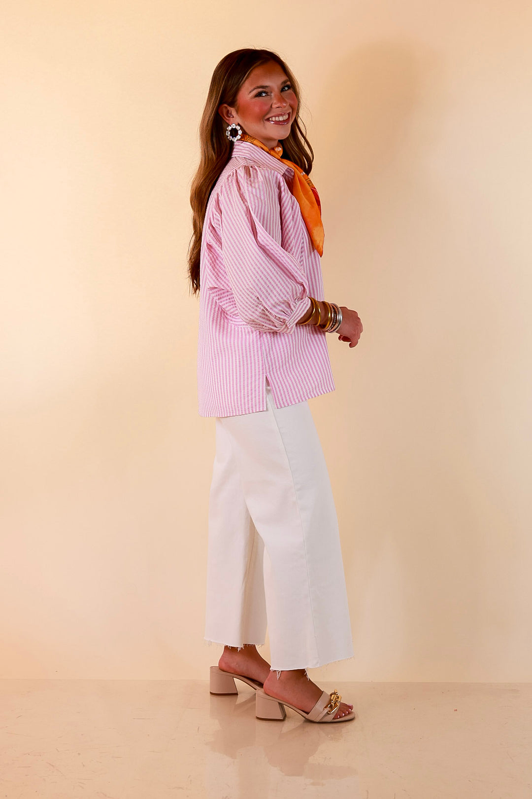 Crisp and Collected Stripe Button Front Collared Top with Puff Short Sleeves in Pink and White