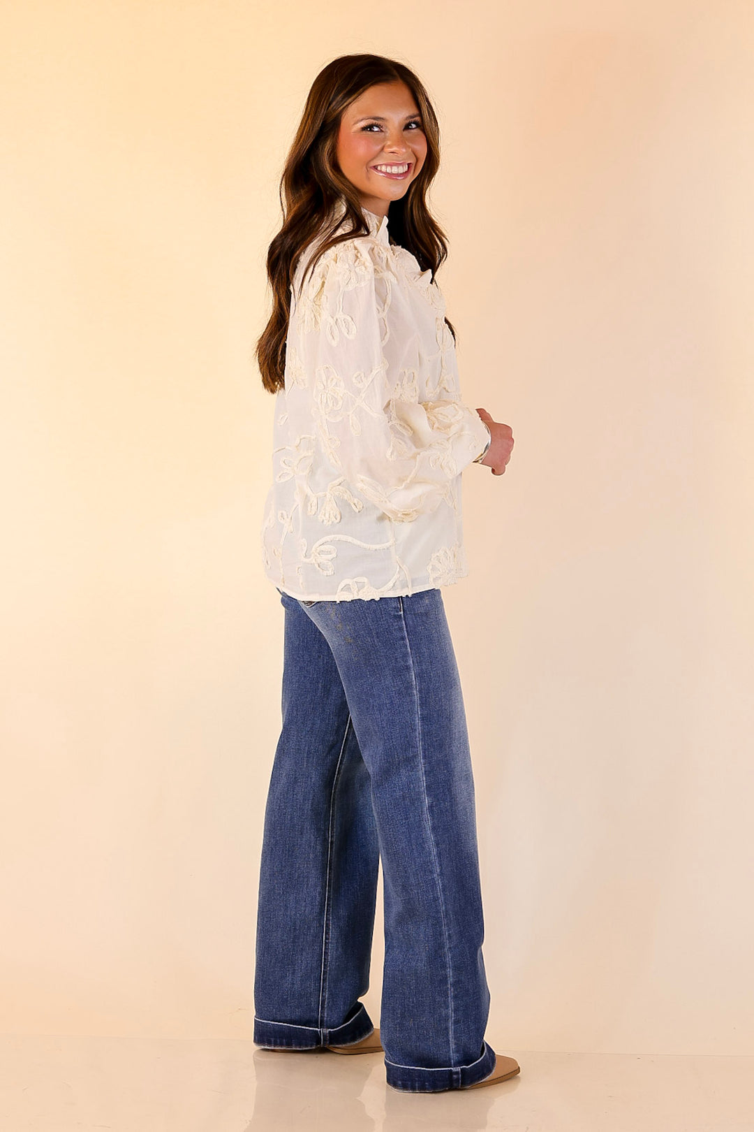 Timeless Romance Ruffled V Neck Floral Applique Embroidered Top in Cream