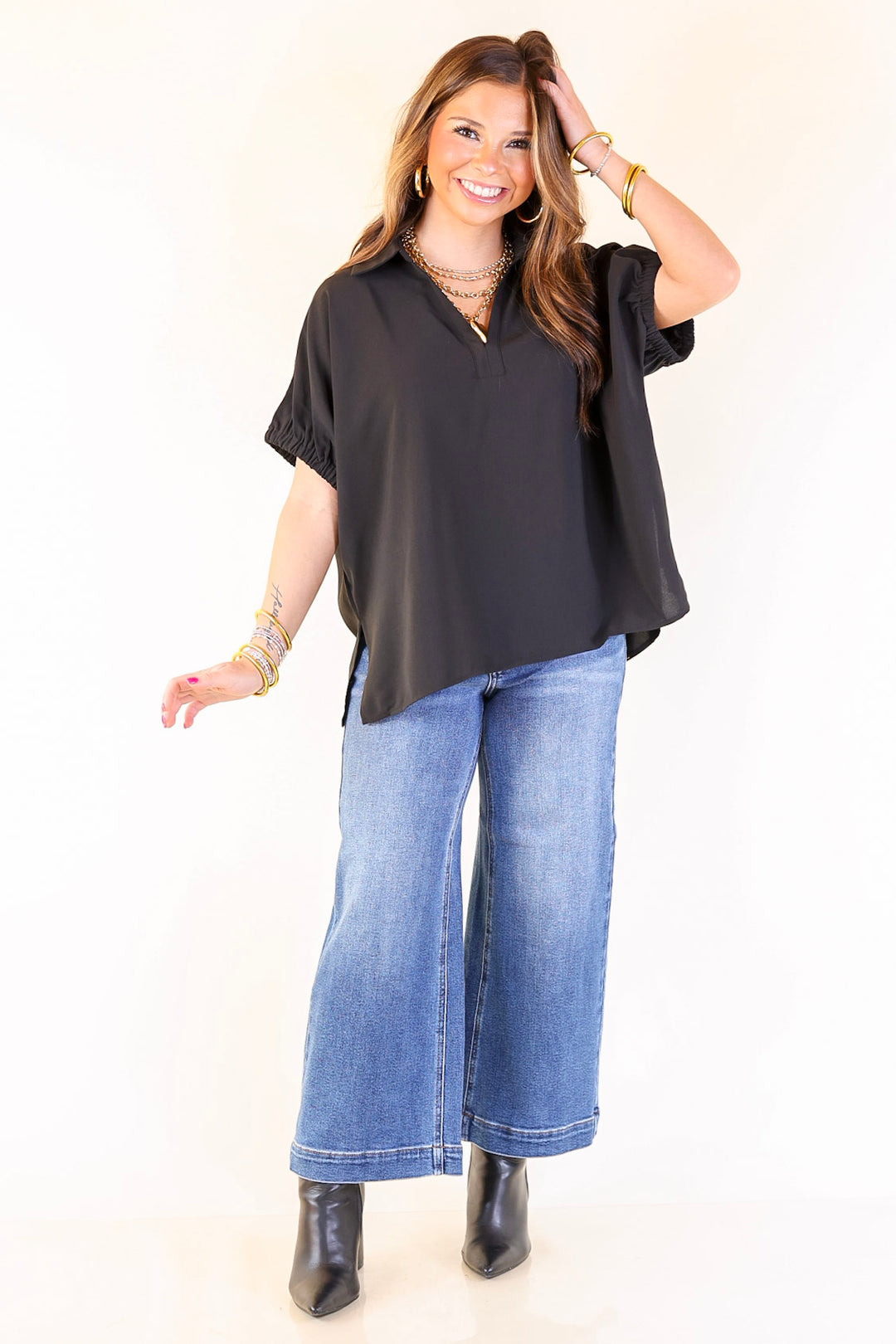 Fresh Start Collared V-Neck Blouse With Drop Shoulder in Black