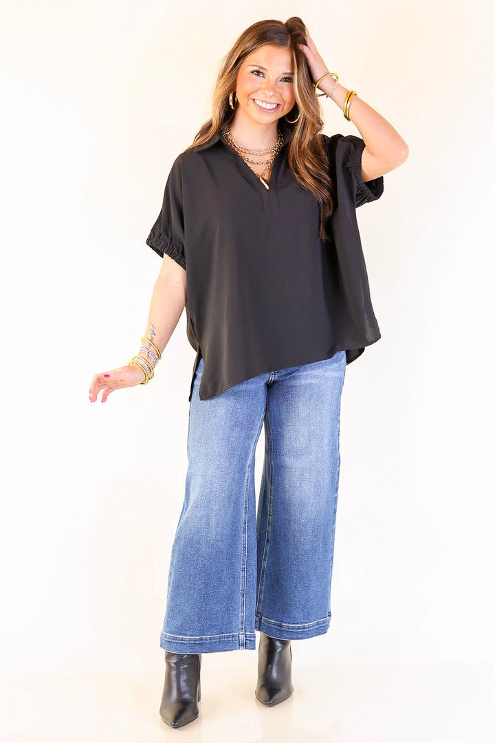 Fresh Start Collared V-Neck Blouse With Drop Shoulder in Black