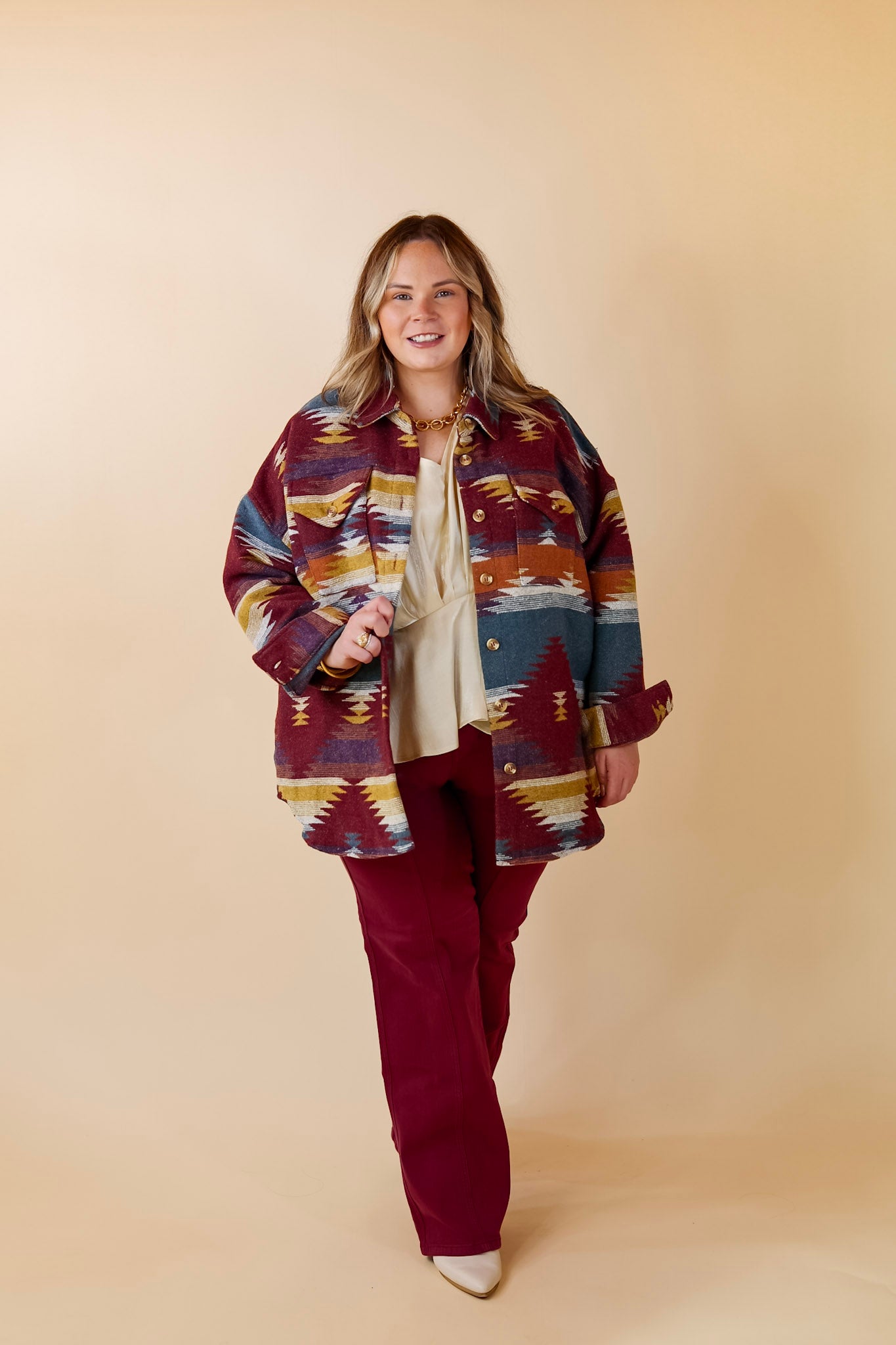 Seize The Day Aztec Print Jacket in Blue and Maroon Mix - Giddy Up Glamour Boutique