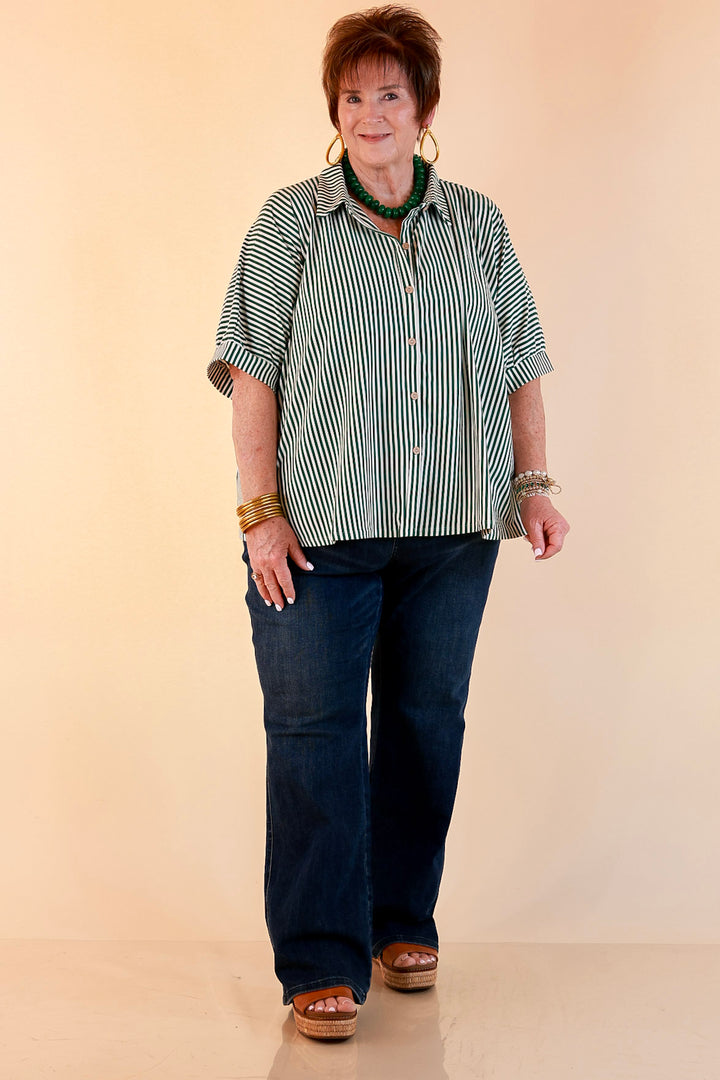 Perfectly Aligned Button Down Collared Top with Vertical Ivory Stripe Detail in Forest Green