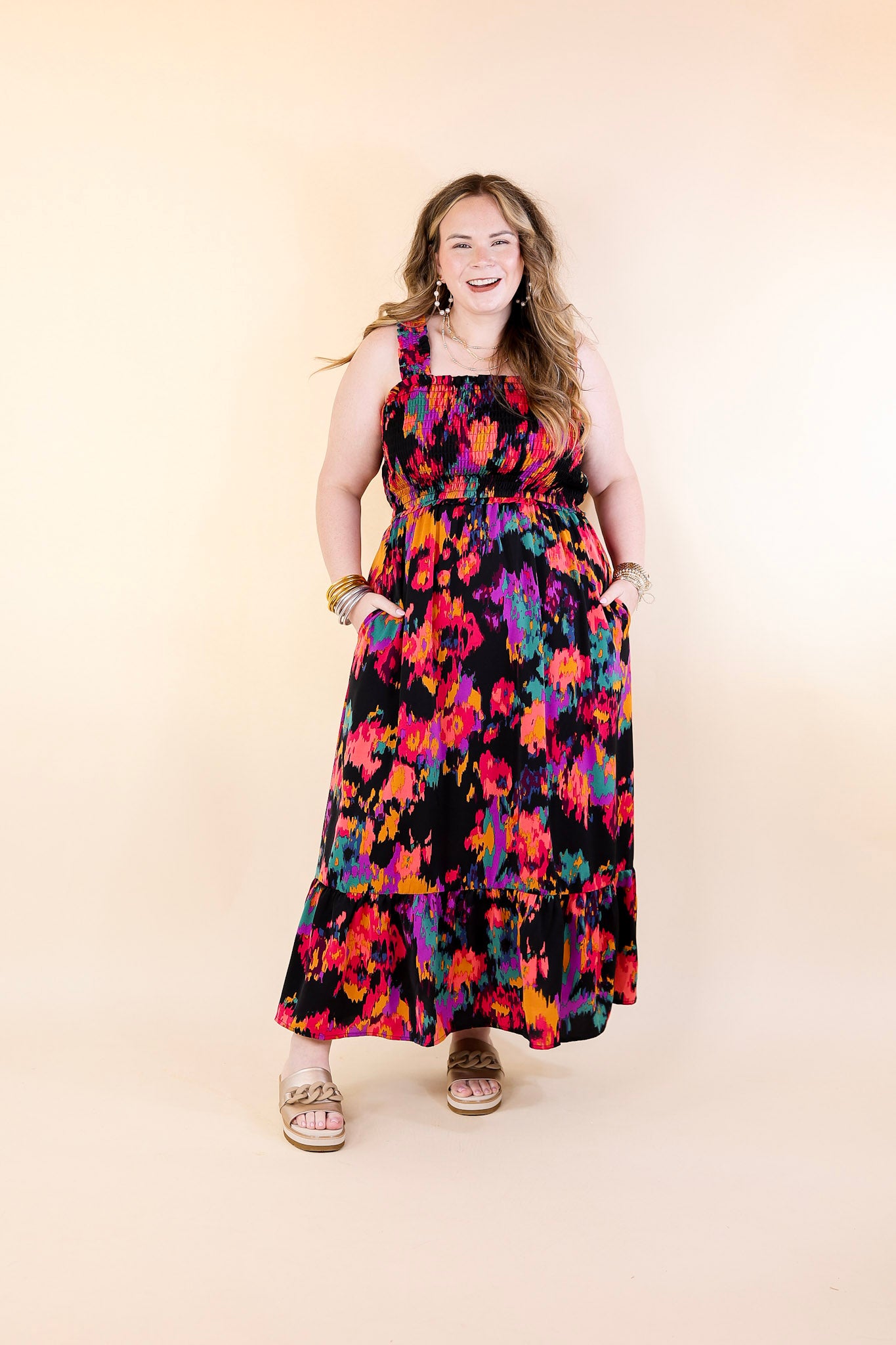 My Night Out Smocked Bodice Dress with Multicolor Abstract Print in Black