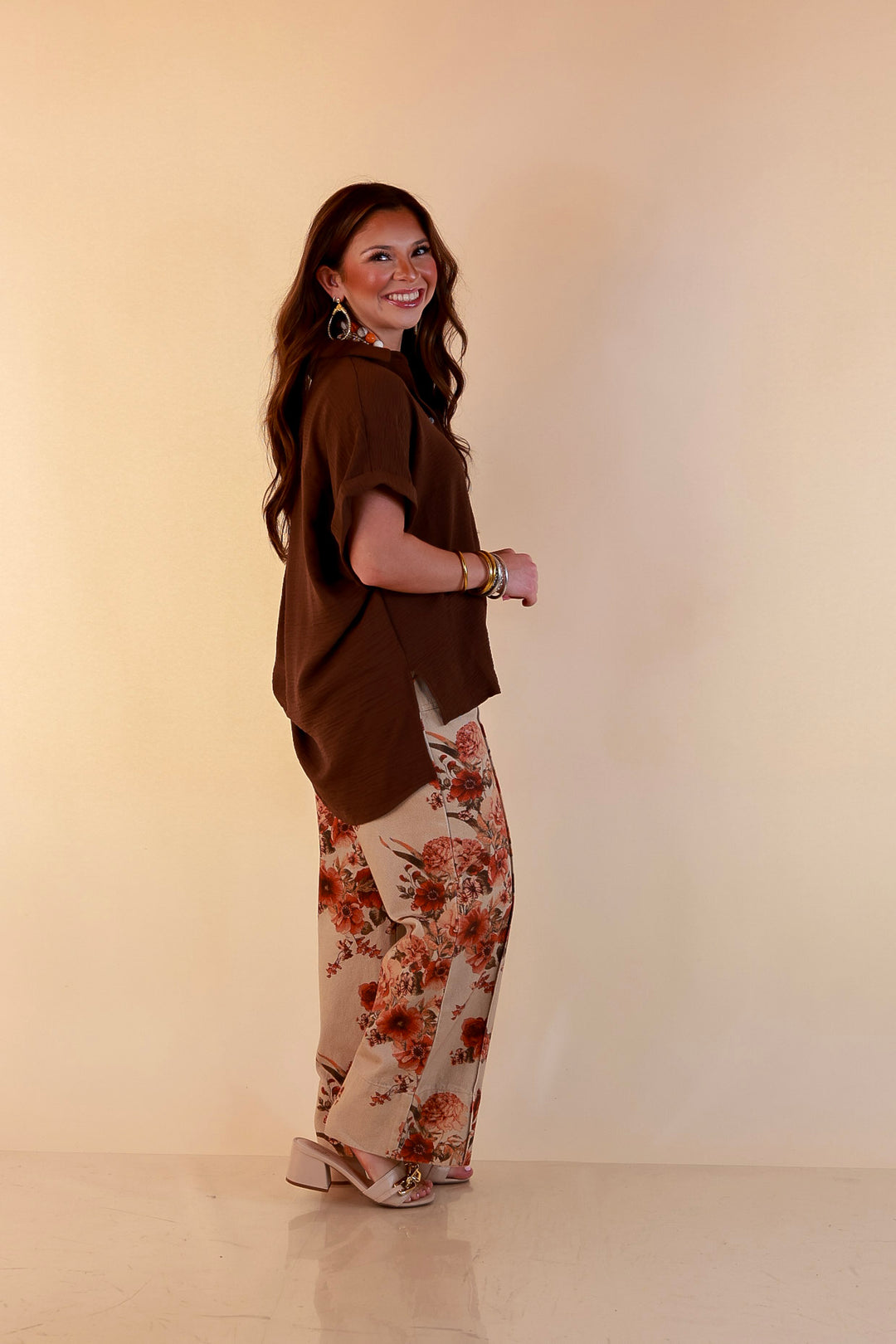 Timeless Appeal Woven Airflow Button Front Top with Rolled Cuff Short Sleeves and Front Pocket in Chocolate Brown