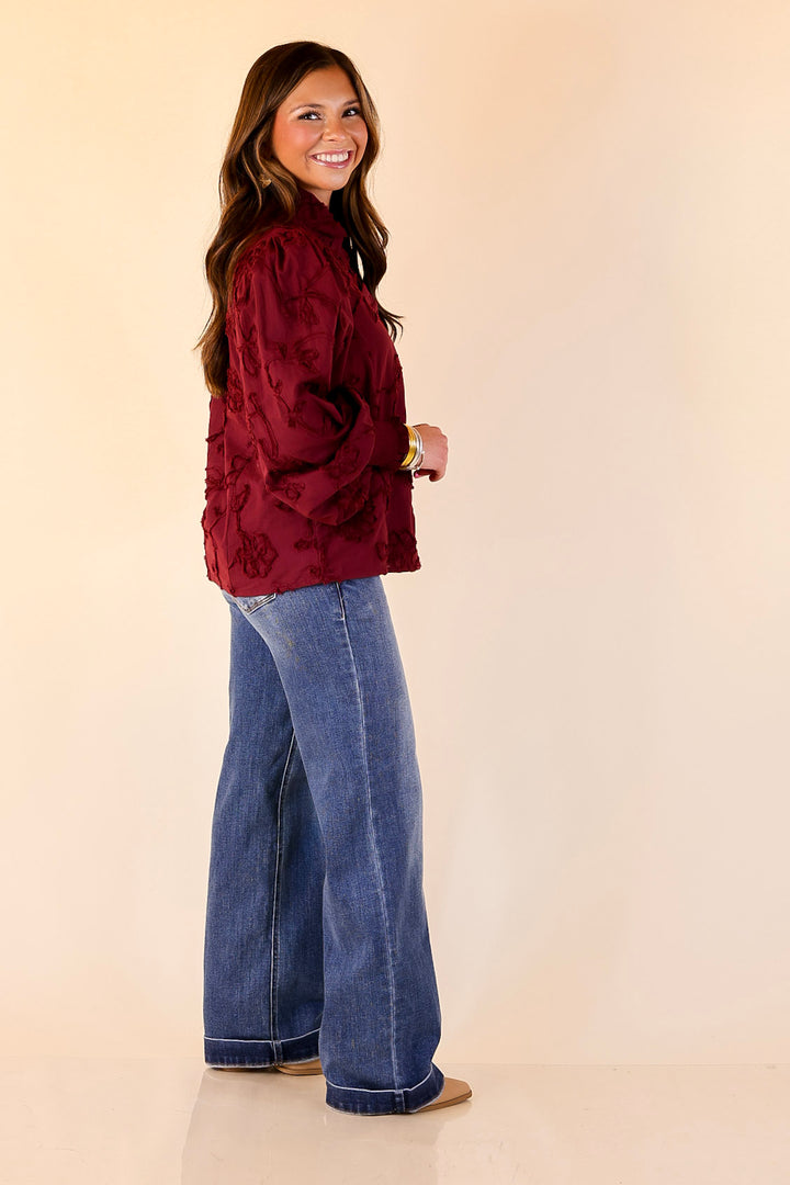 Timeless Romance Ruffled V Neck Floral Applique Embroidered Top in Maroon