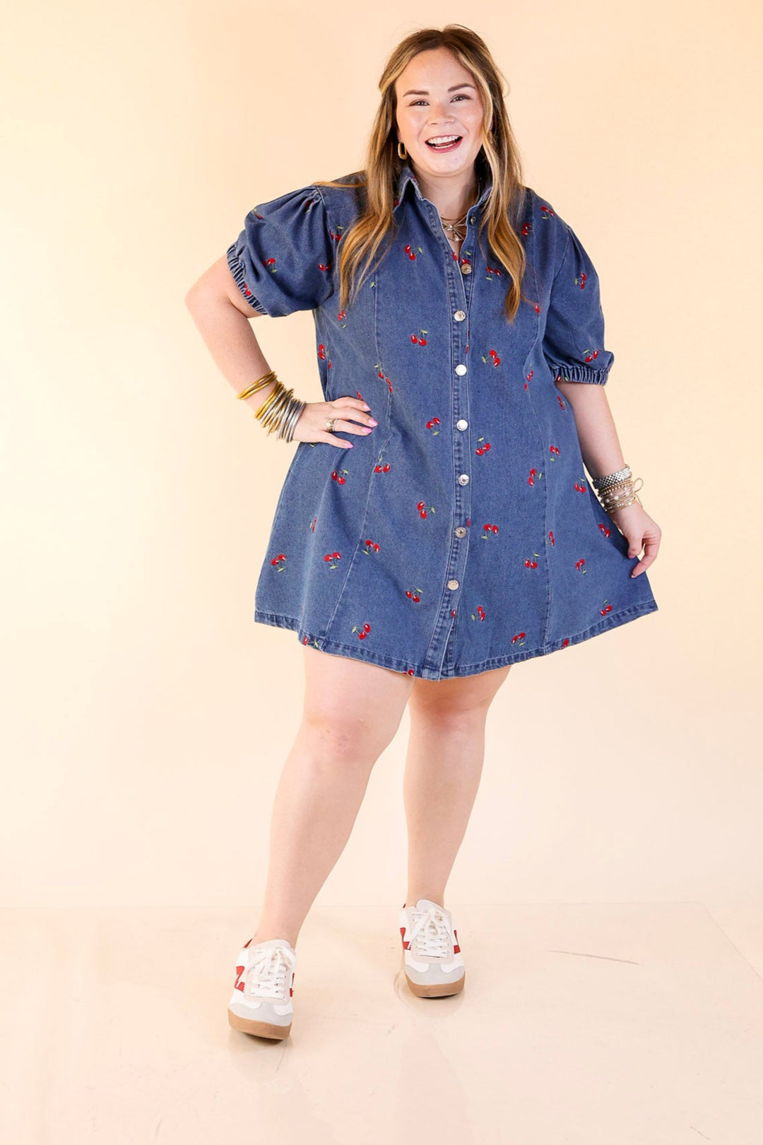 Berry Cherry Blues Button Down Dress with Embroidered Cherries in Deni – Giddy Up Glamour Boutique