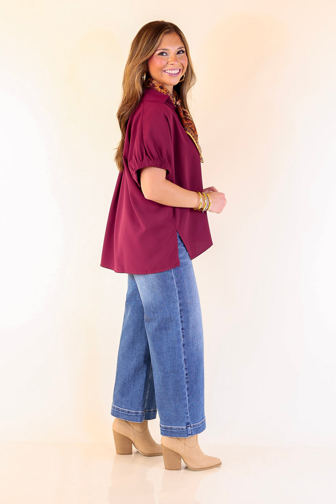 Fresh Start Collared V-Neck Blouse With Drop Shoulder in Maroon