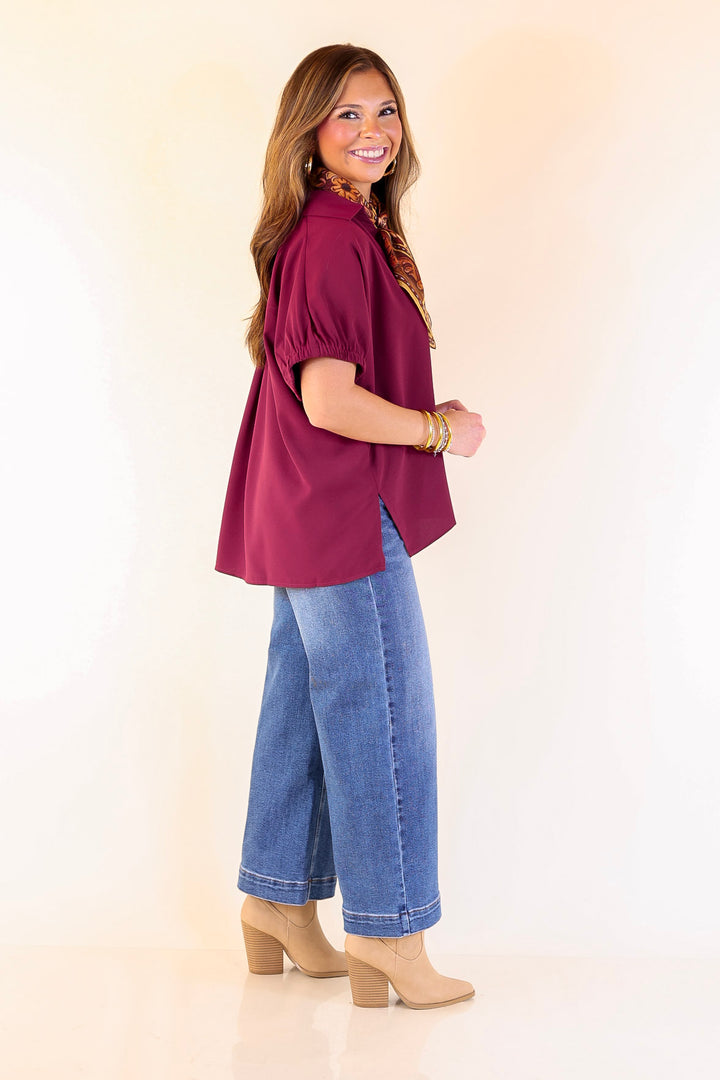 Fresh Start Collared V-Neck Blouse With Drop Shoulder in Maroon