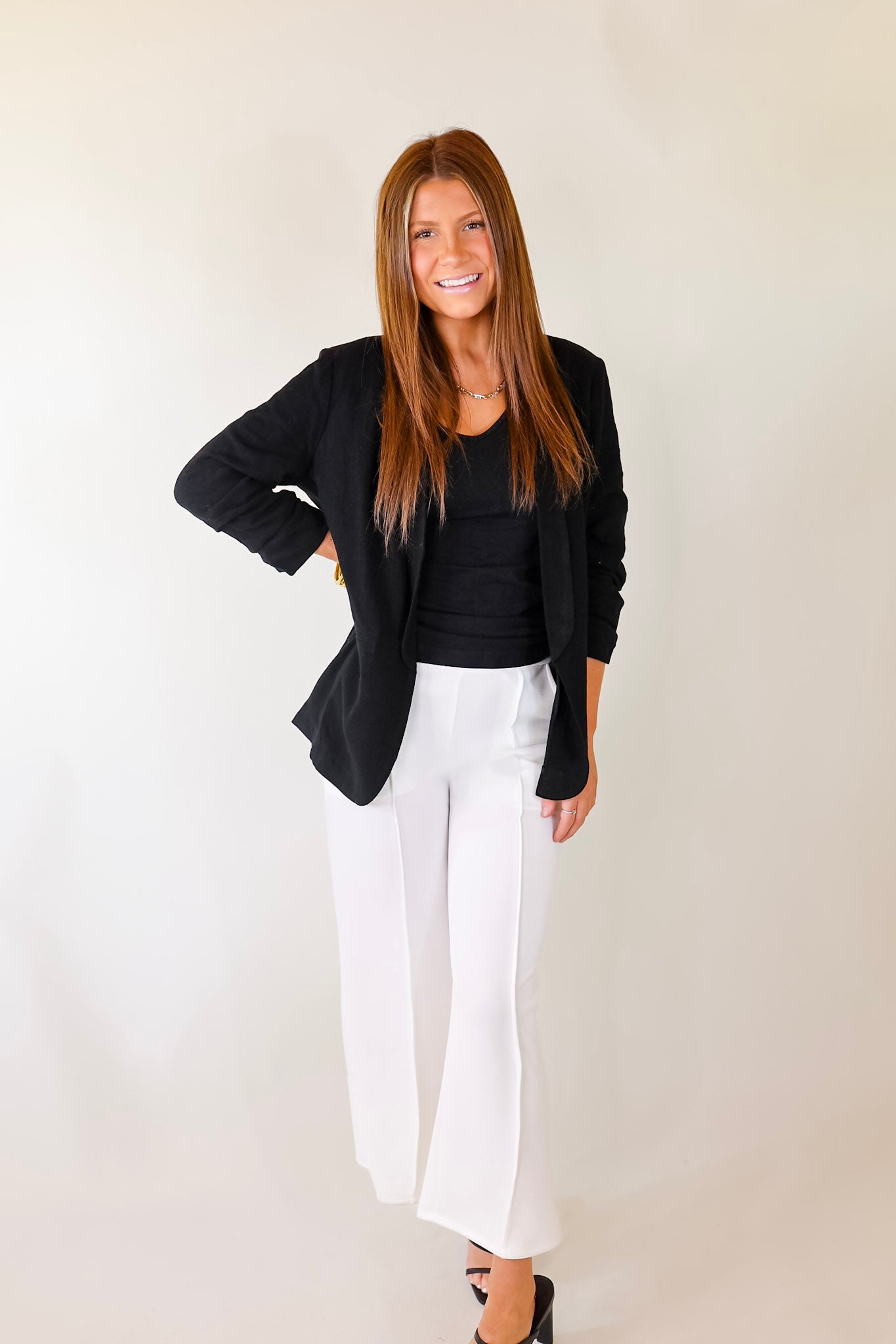 Promise Me Open Front Linen Blazer in Black - Giddy Up Glamour Boutique