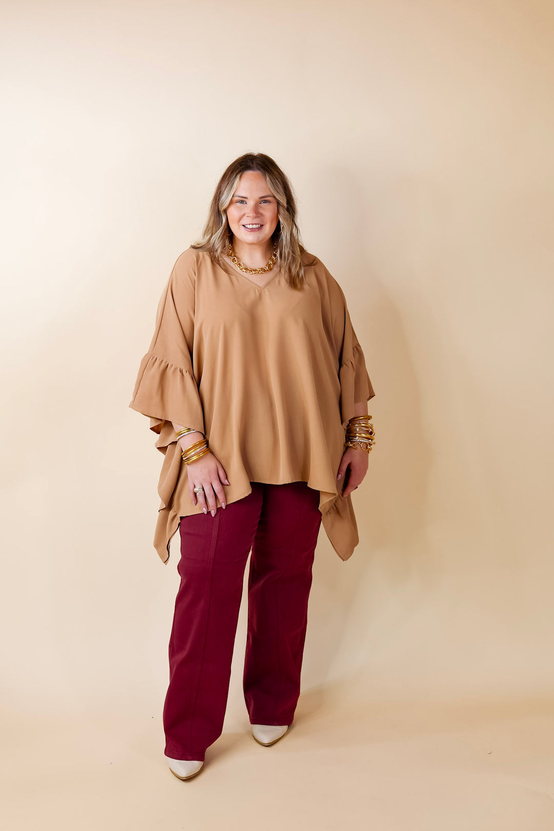 Secret Strength Ruffle Detail Poncho Top in Mocha Brown - Giddy Up Glamour Boutique