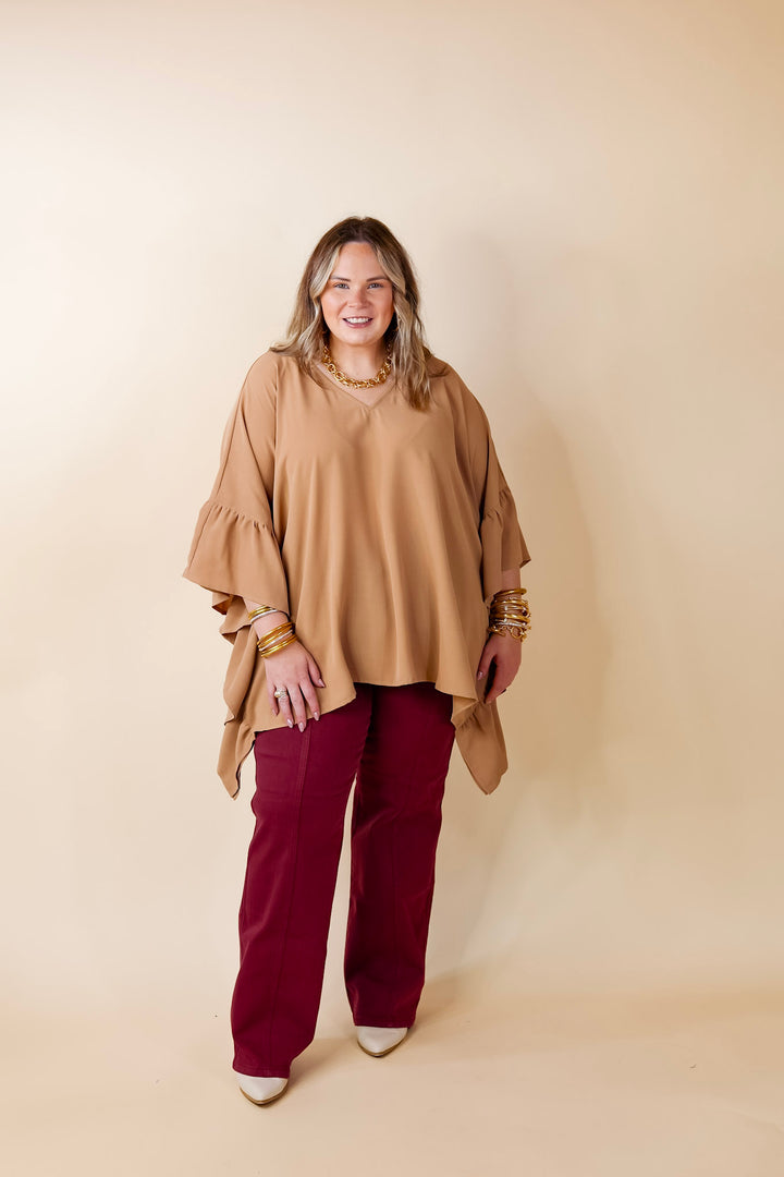 Secret Strength Ruffle Detail Poncho Top in Mocha Brown - Giddy Up Glamour Boutique