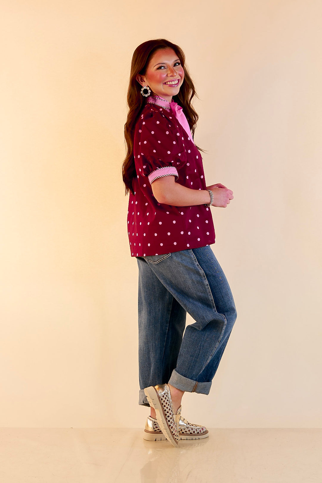 Pop of Polish Short Puff Sleeve Button Front Polka Dot Print Top with Contrast Trim in Maroon and Pink