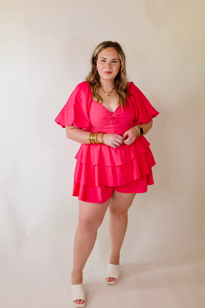 I Want It All Tiered Romper With Puffed Sleeves In Fuchsia Pink - Giddy Up Glamour Boutique