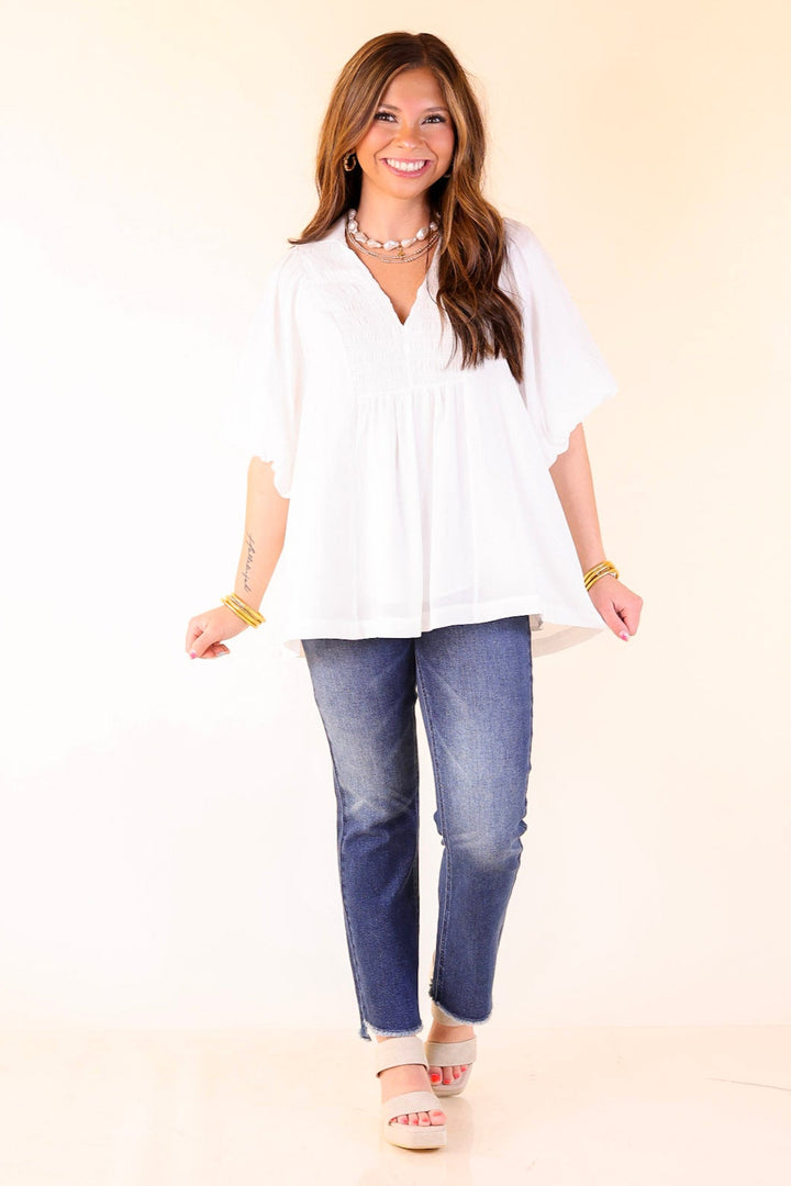 Crush on Classic Flowy Blouse with Smocked Yoke in White