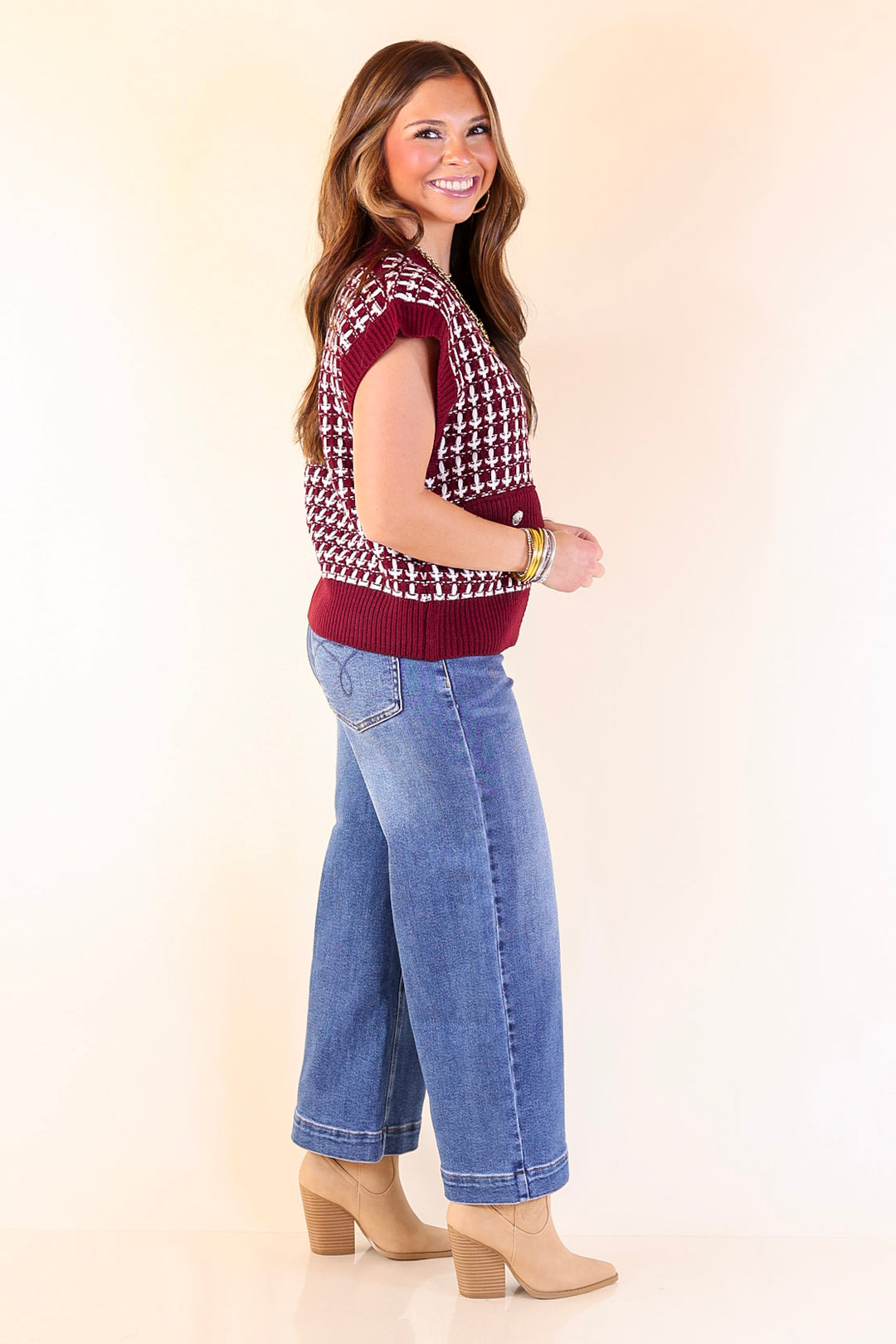 Statement Maker Button Front Large Tweed Sweater Vest in Maroon