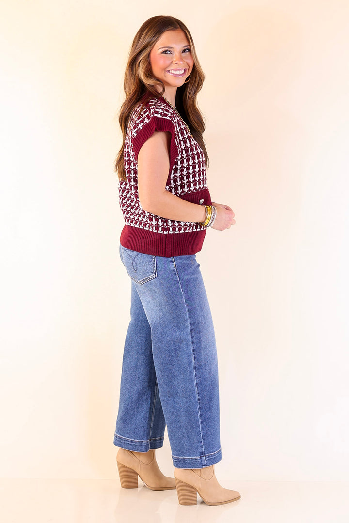 Statement Maker Button Front Large Tweed Sweater Vest in Maroon