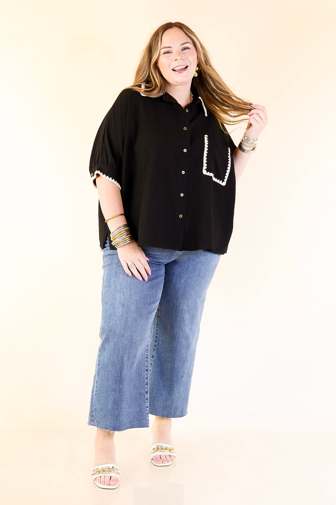 In Good Company Button Up Top with Scalloped Trim Stitching in Black