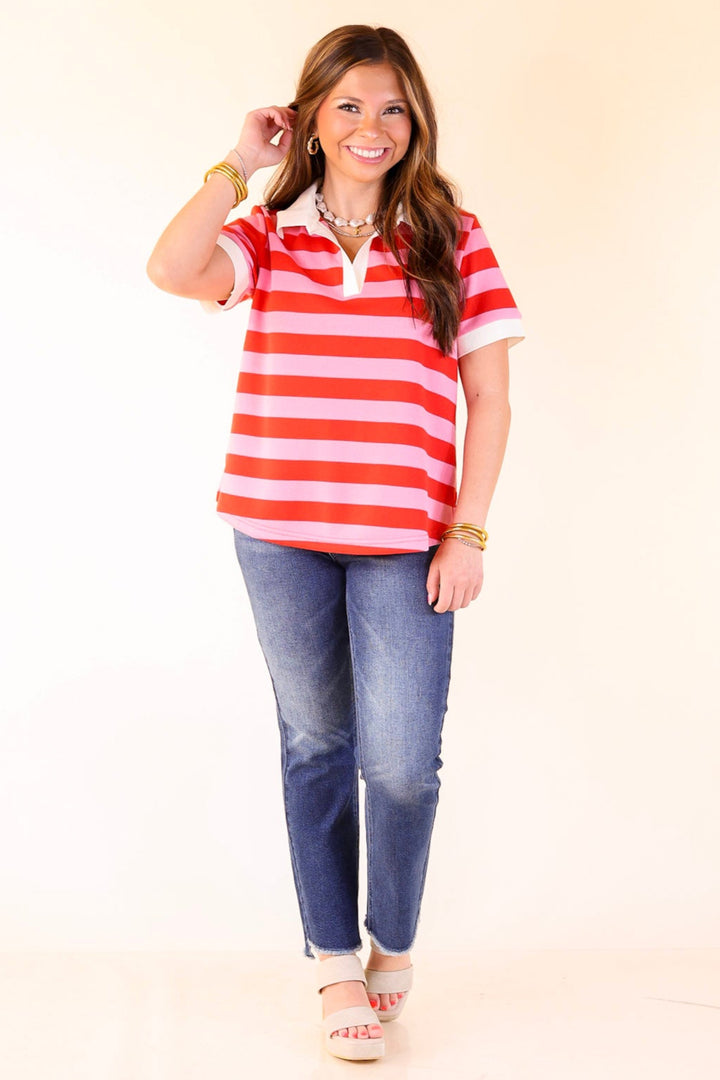 Statement in Stripes Short Sleeve Collared Shirt with Stripes in Pink