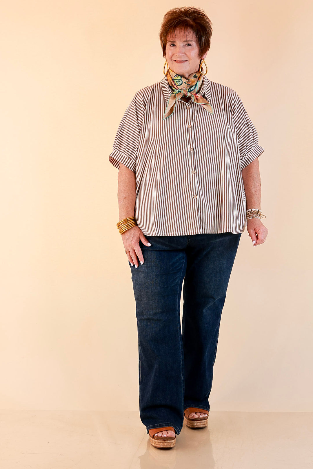 Perfectly Aligned Button Down Collared Top with Vertical Ivory Stripe Detail in Taupe Brown