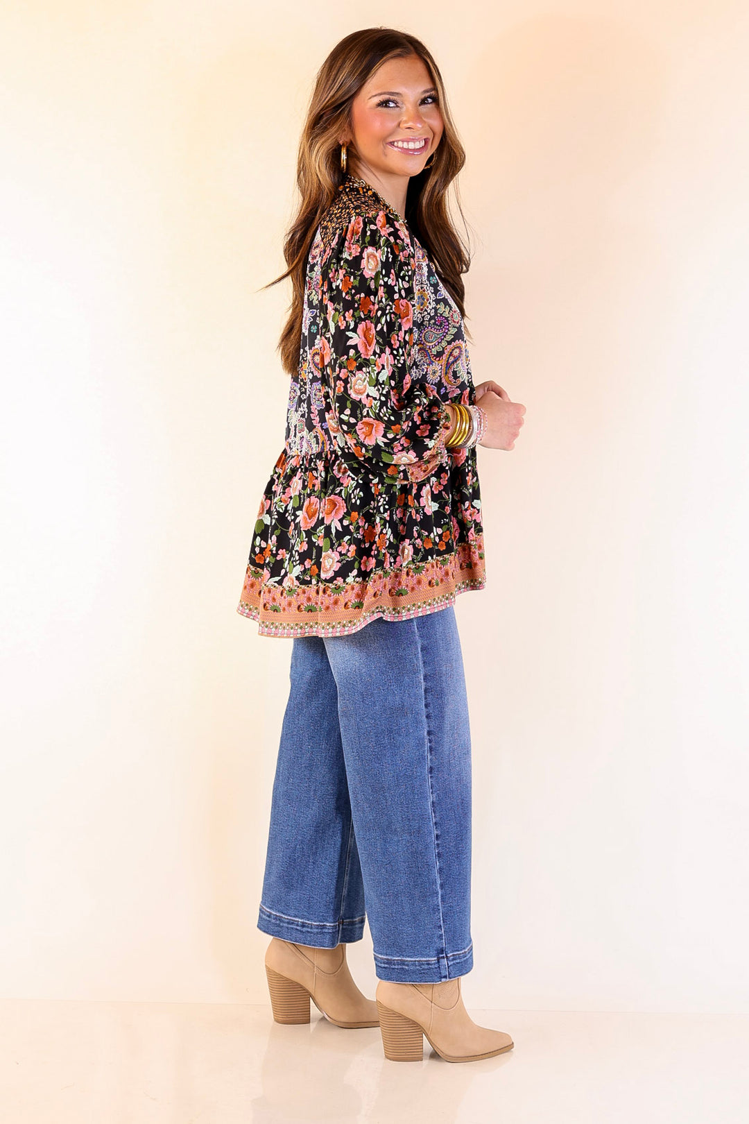 Floral Fusion Long Sleeve Floral Print Top in Black