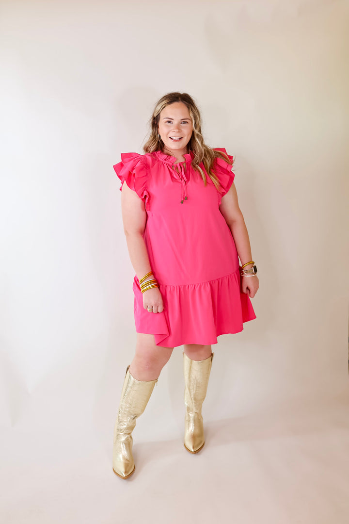 Powerful Love Ruffle Cap Sleeve Dress with Keyhole and Tie Neckline in Hot Pink - Giddy Up Glamour Boutique