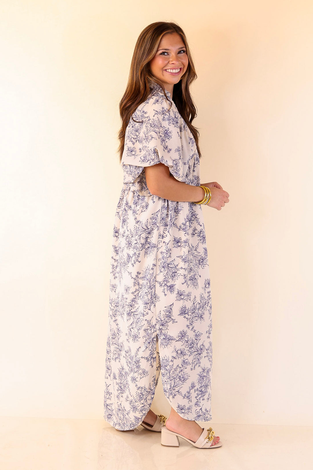 Timeless Blossom Floral Print Button Up Dress in Cream and Blue