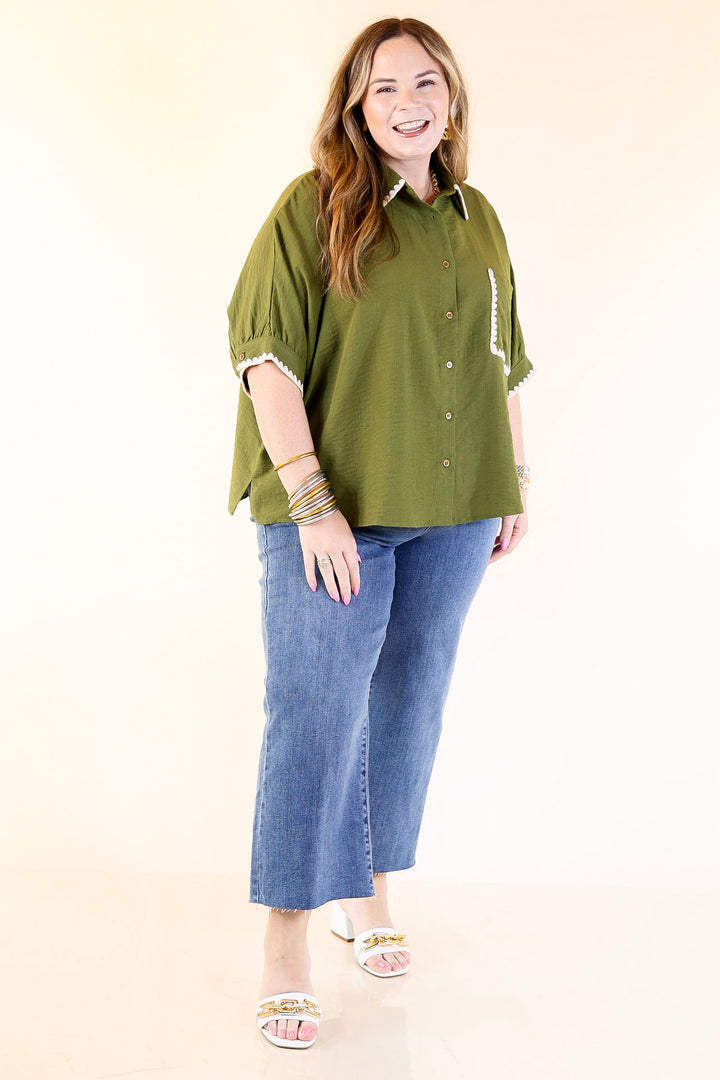 In Good Company Button Up Top with Scalloped Trim Stitching in Olive Green