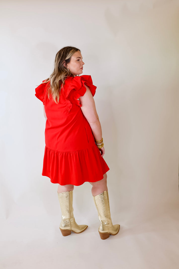 Powerful Love Ruffle Cap Sleeve Dress with Keyhole and Tie Neckline in Red - Giddy Up Glamour Boutique