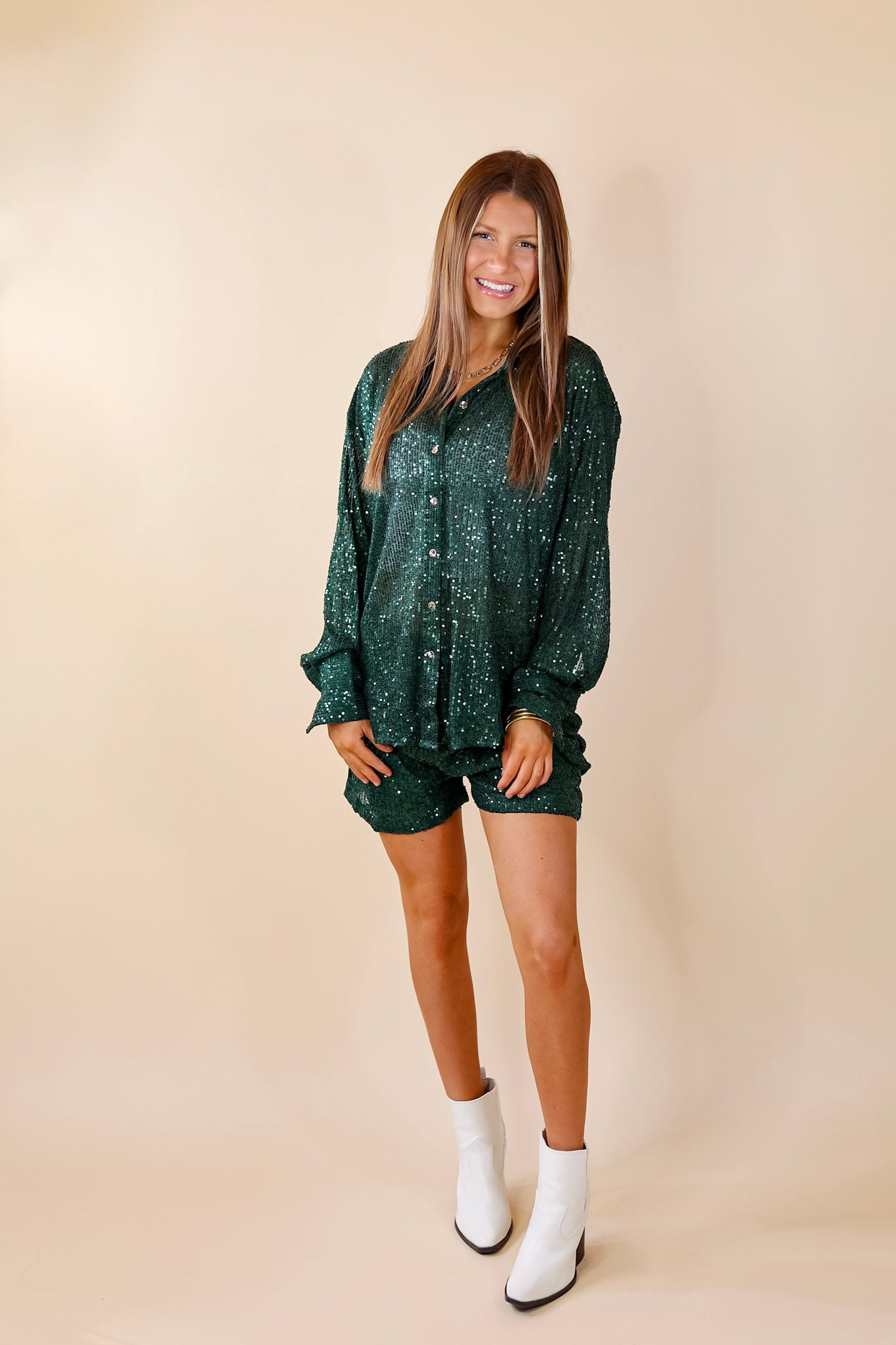 Little Miss Perfect Sequin Shorts in Green - Giddy Up Glamour Boutique