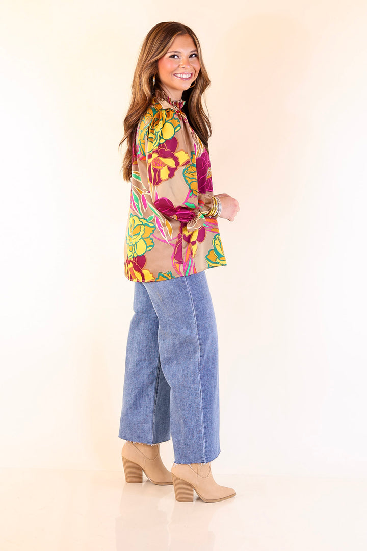 Follow Your Floral Long Sleeve Ruffle Mock Neck Top in Mocha