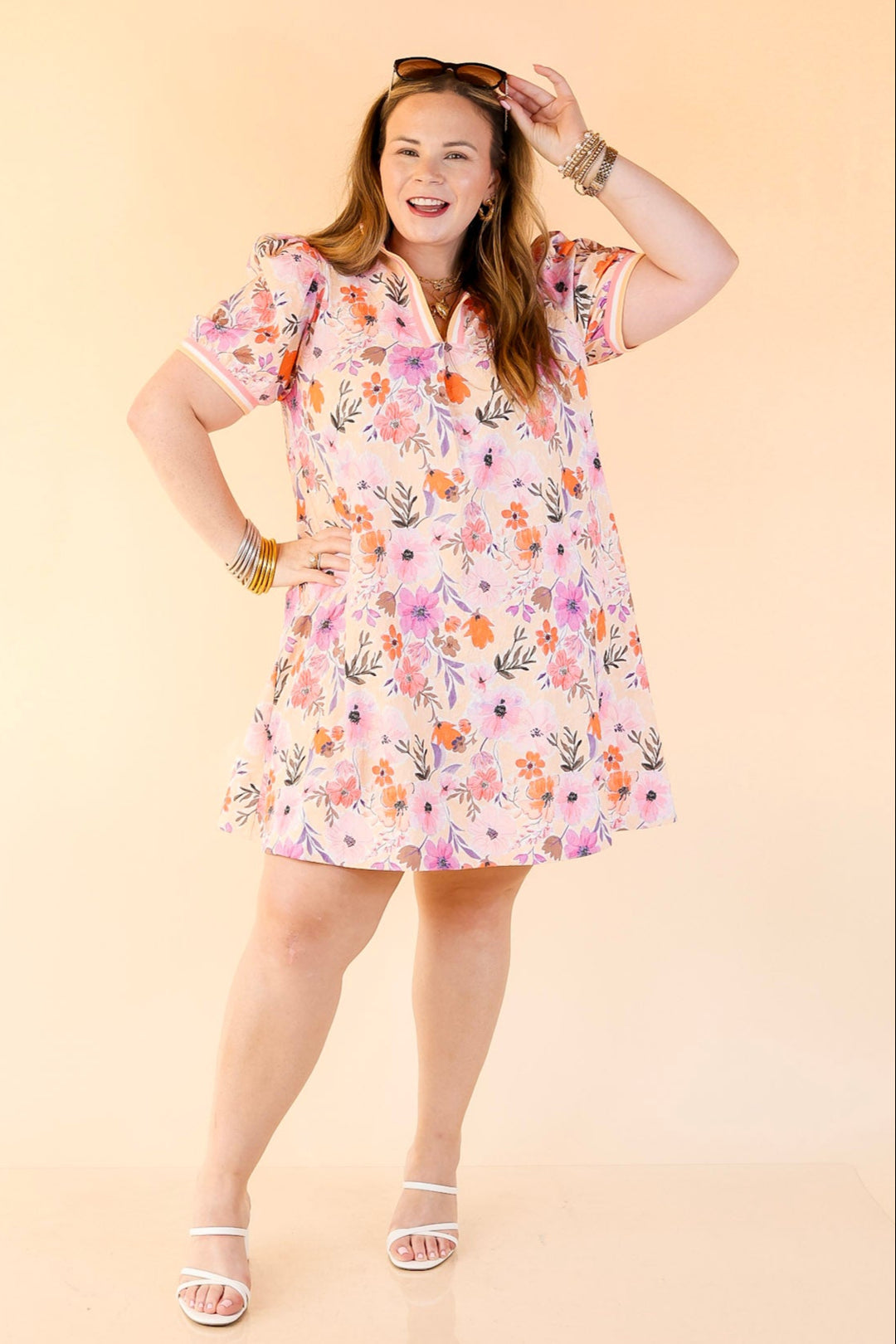 Lovely as Ever V Neck Floral Print Dress in Pink, Coral Orange and Purple Mix