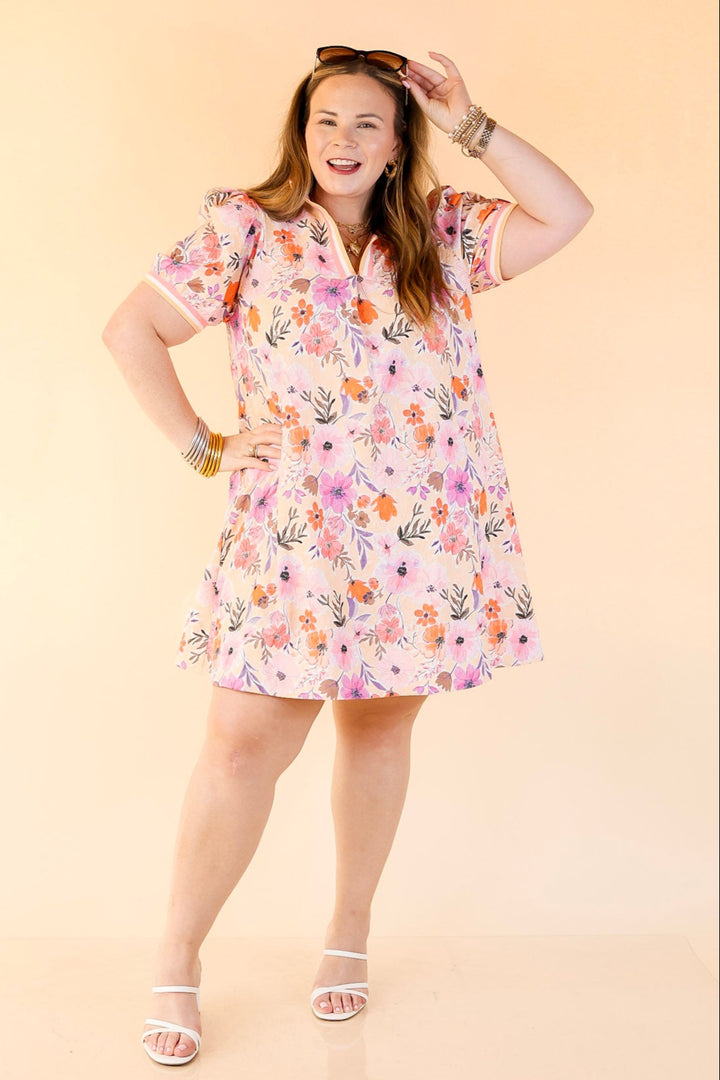 Lovely as Ever V Neck Floral Print Dress in Pink, Coral Orange and Purple Mix