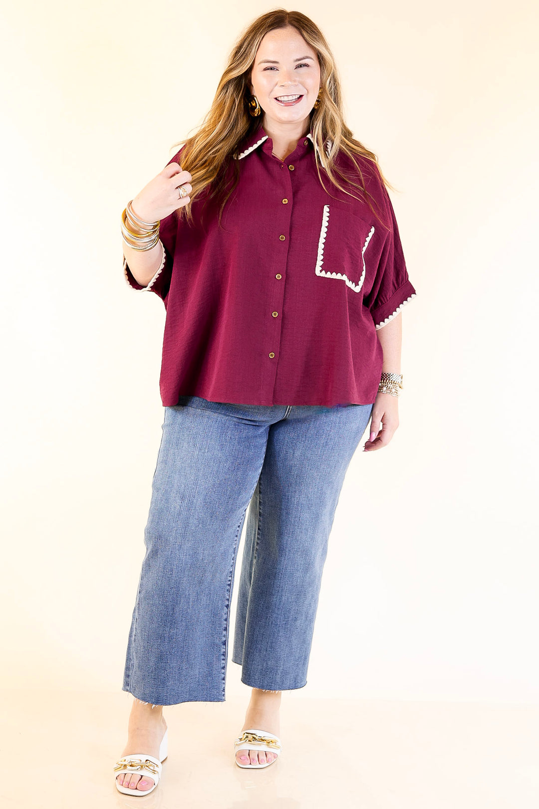 In Good Company Button Up Top with Scalloped Trim Stitching in Maroon