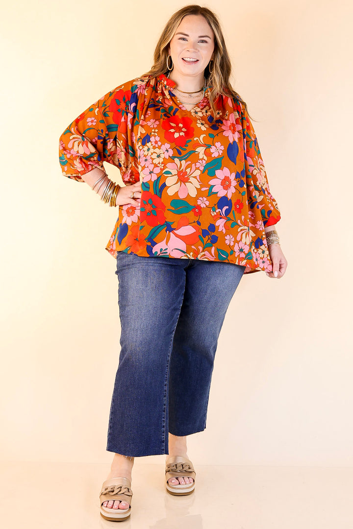 Falling For Floral 3/4 Sleeve Top with Notched Neck in Camel Brown