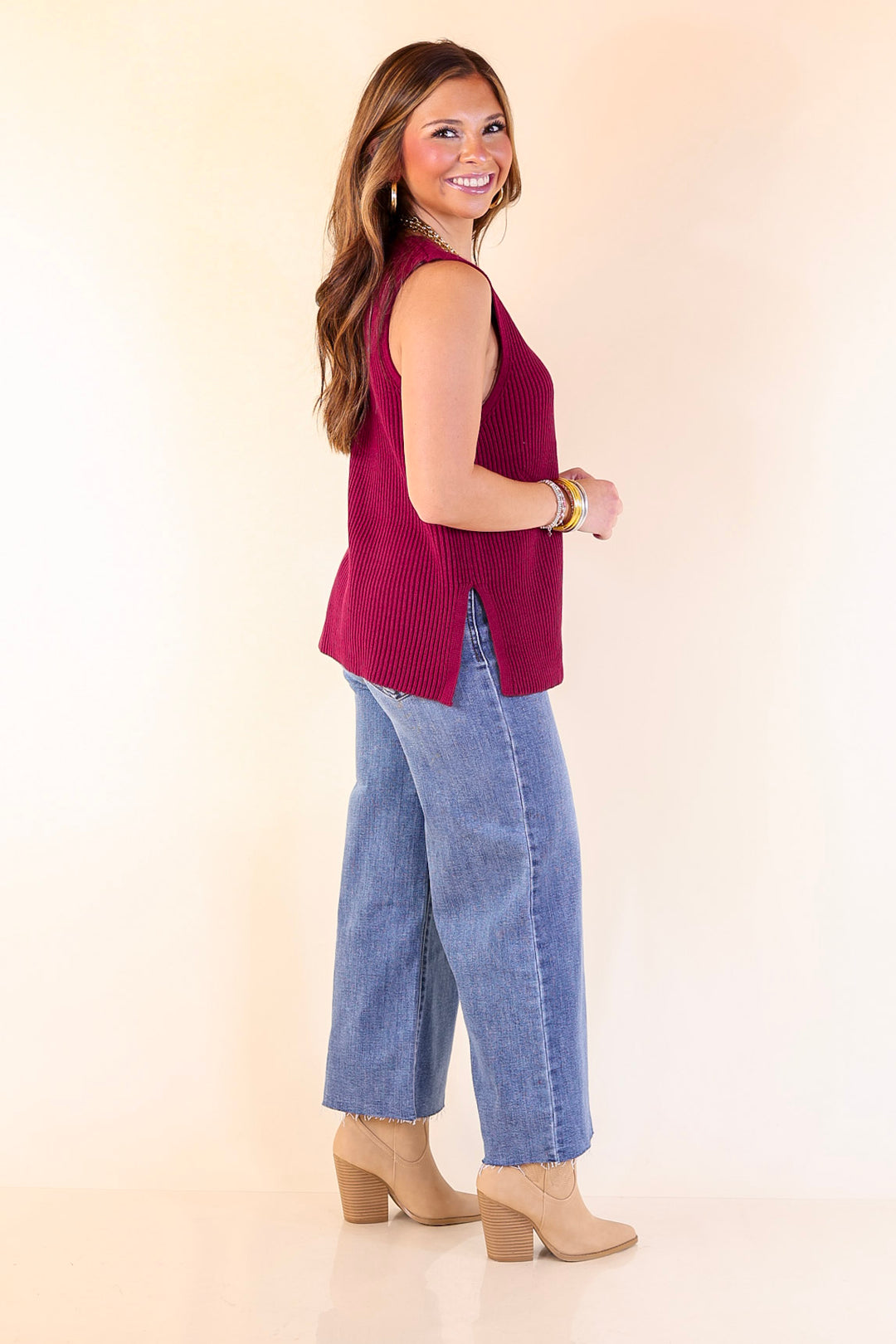 Sharp and Chic Button Front Ribbed Knit Sweater Vest in Maroon