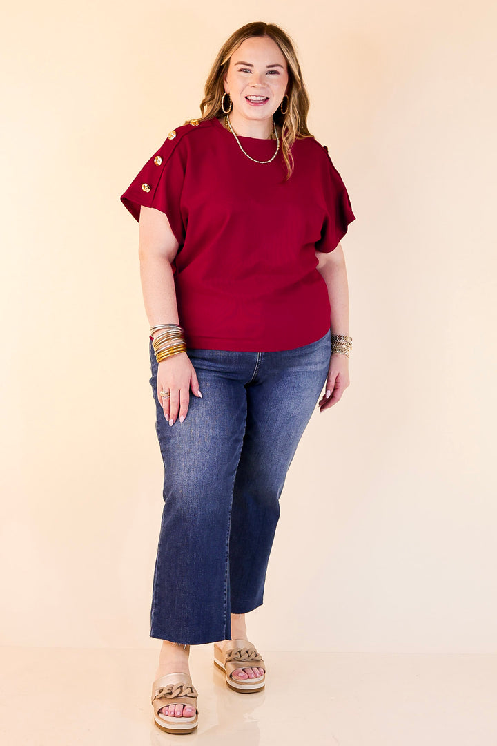 Golden Hour Glow Ribbed Crew Neck Top With Gold Button Detailing in Maroon