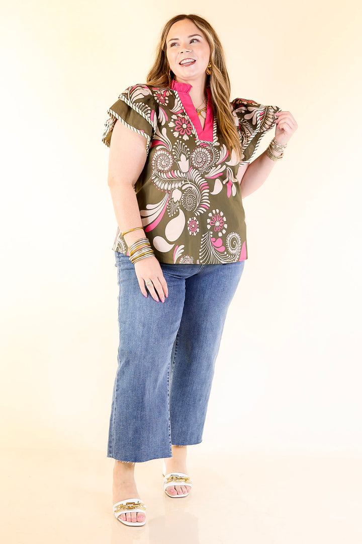 First Impressions V Neck Paisley Top with Ruffle Cap Sleeves and Stripe Detailing in Olive Green