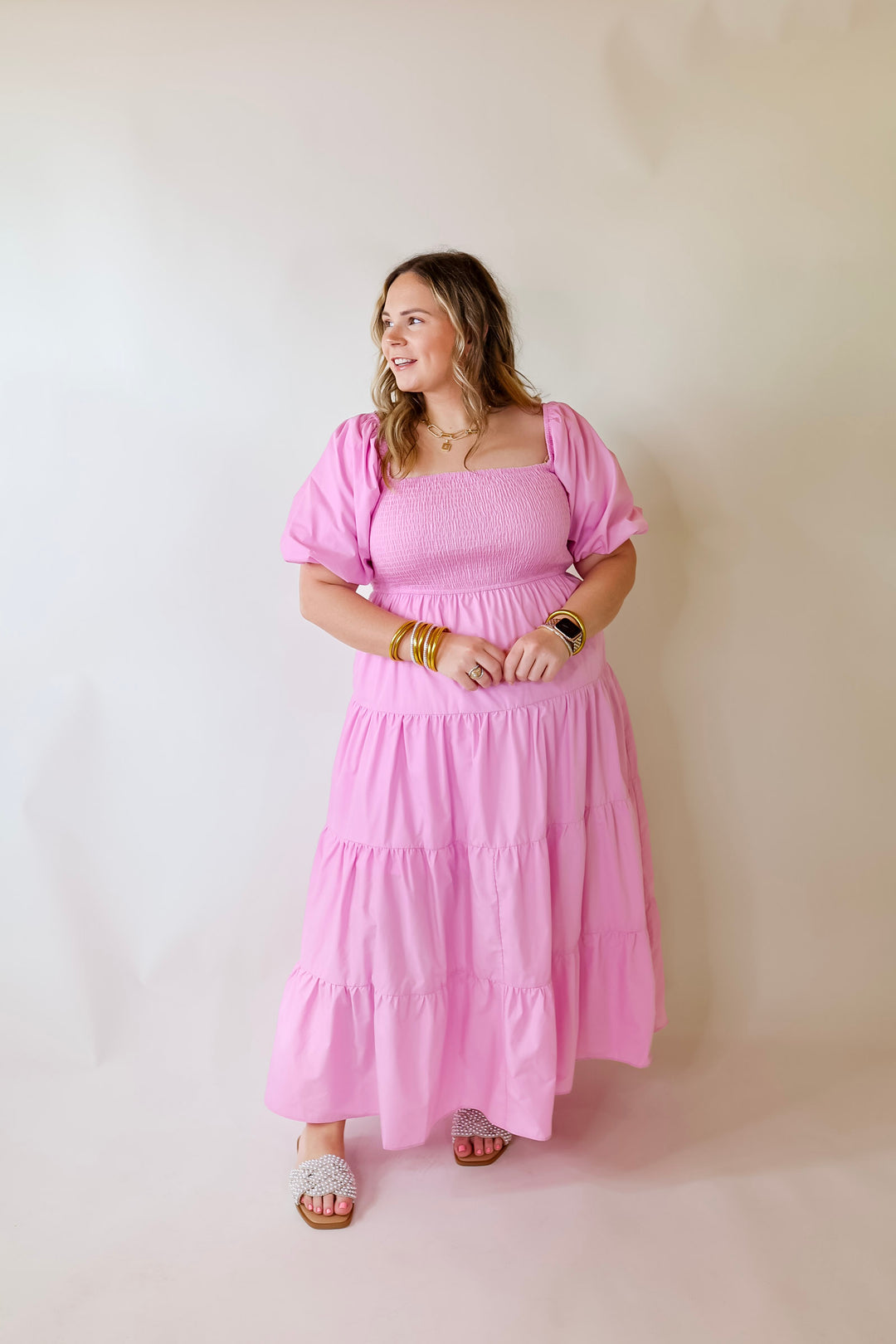 Santorini Sunshine Short Balloon Sleeve Maxi Dress in Light Pink - Giddy Up Glamour Boutique