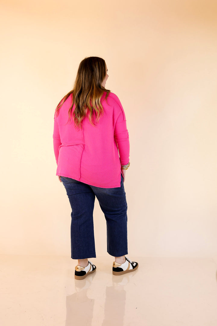 Daily Perfection V-Neck Long Sleeve Ribbed Top in Hot Pink