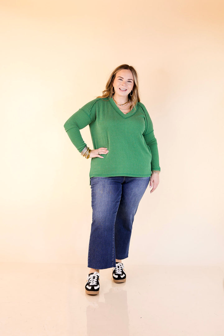Daily Perfection V-Neck Long Sleeve Ribbed Top in Kelly Green