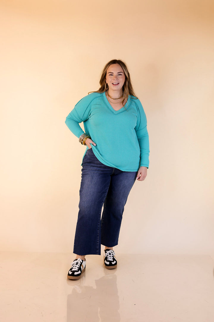 Daily Perfection V-Neck Long Sleeve Ribbed Top in Turquoise Blue