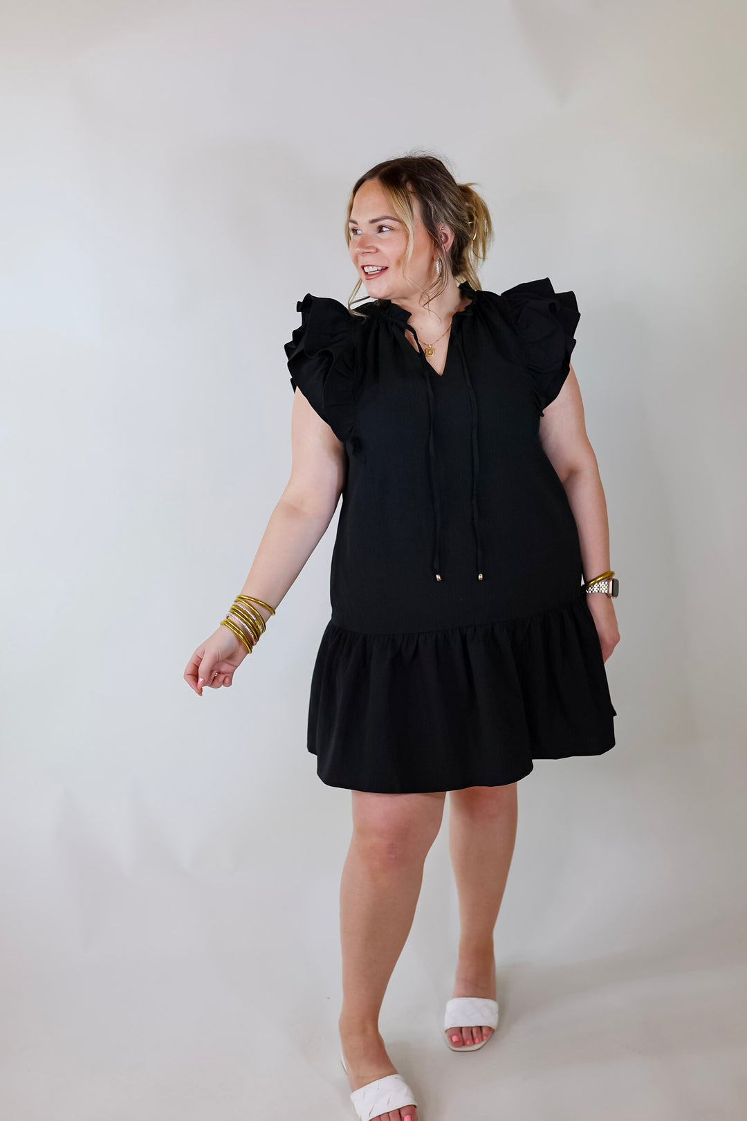 Powerful Love Ruffle Cap Sleeve Dress with Keyhole and Tie Neckline in Black - Giddy Up Glamour Boutique