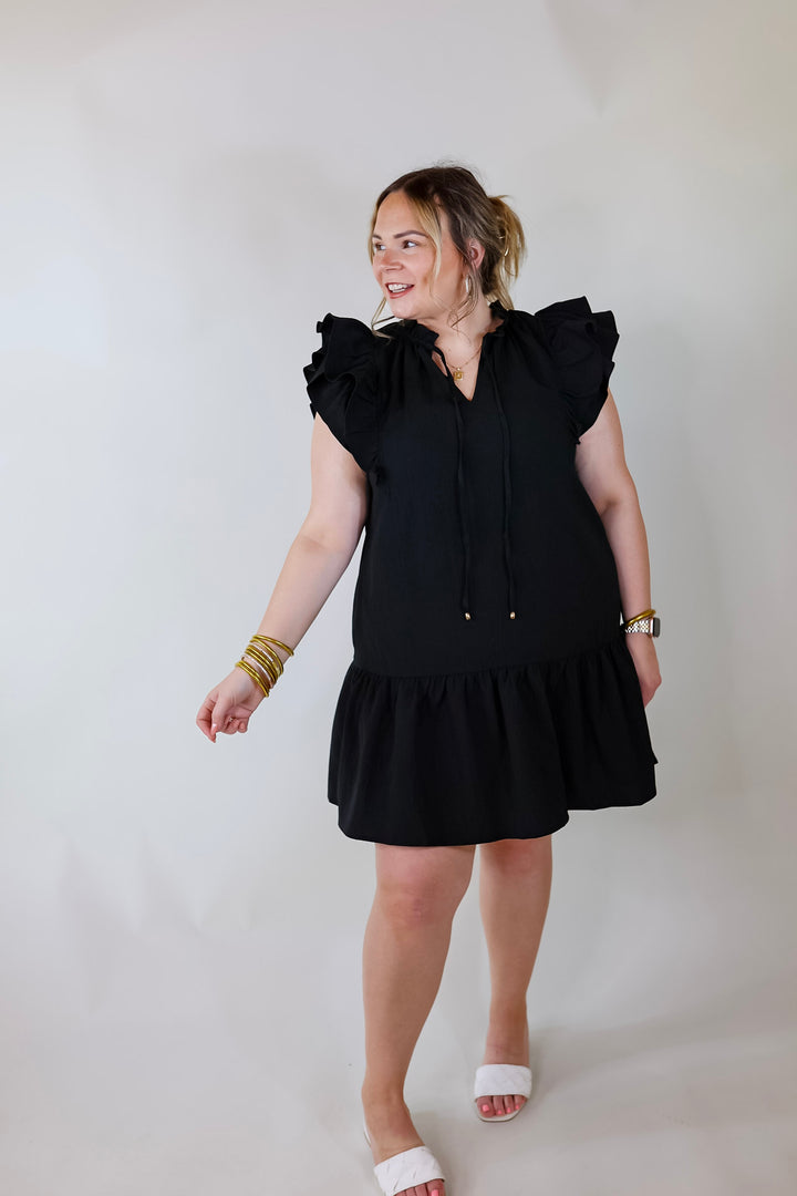 Powerful Love Ruffle Cap Sleeve Dress with Keyhole and Tie Neckline in Black - Giddy Up Glamour Boutique