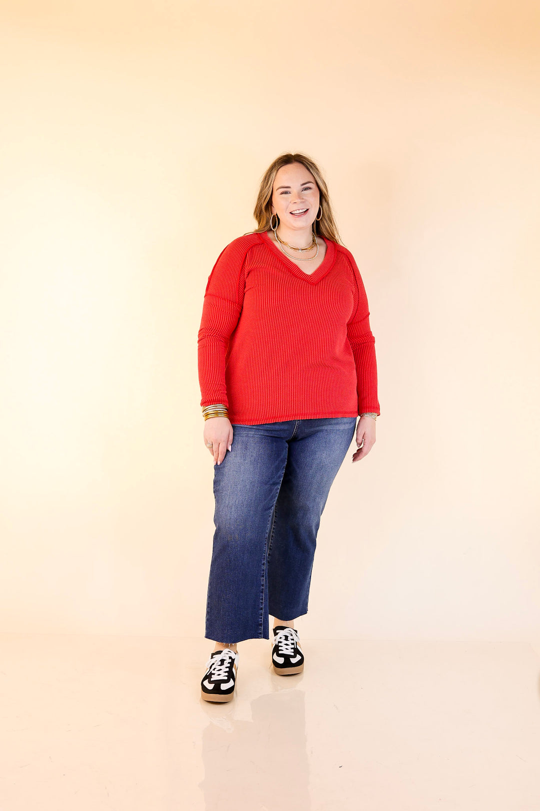 Daily Perfection V-Neck Long Sleeve Ribbed Top in Ruby Red