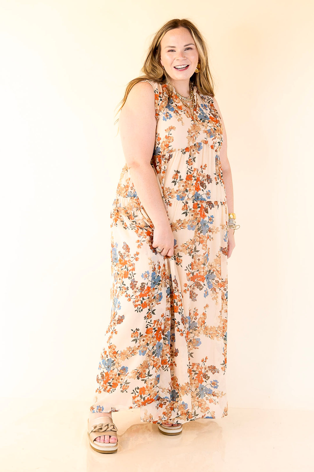 Twirl into Fall Notched Neck Tiered Floral Maxi Dress in Ivory
