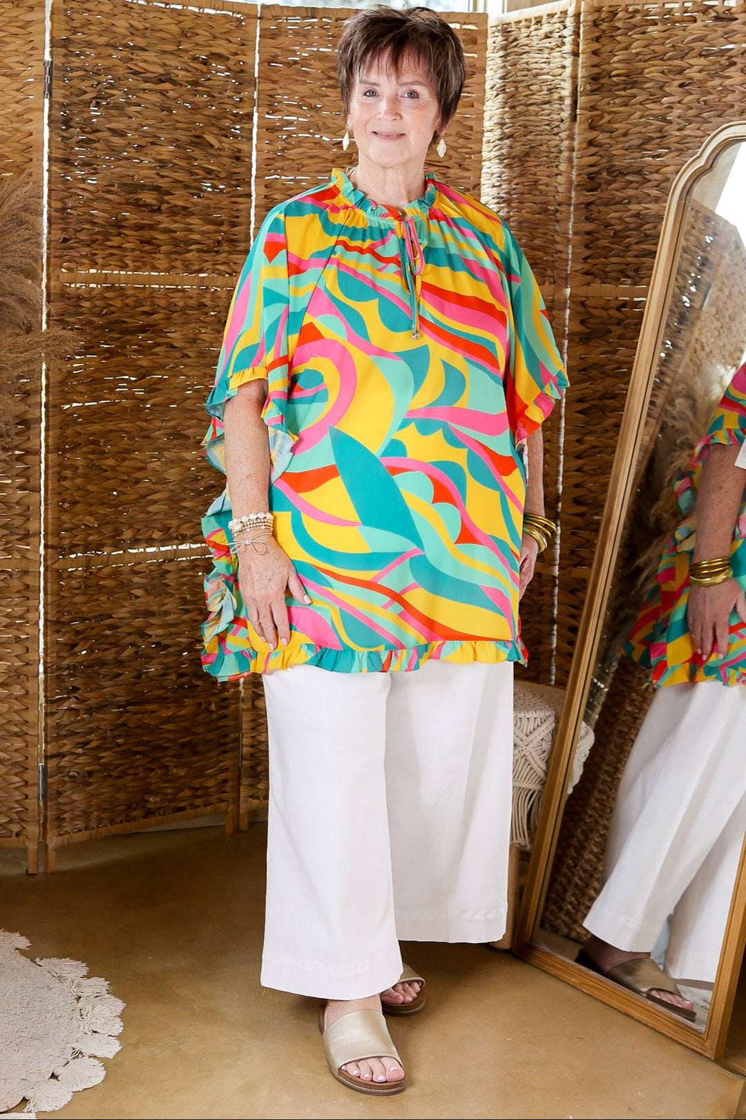 Fun and Free Flowy Top with Ruffle Trim in Gold Mix