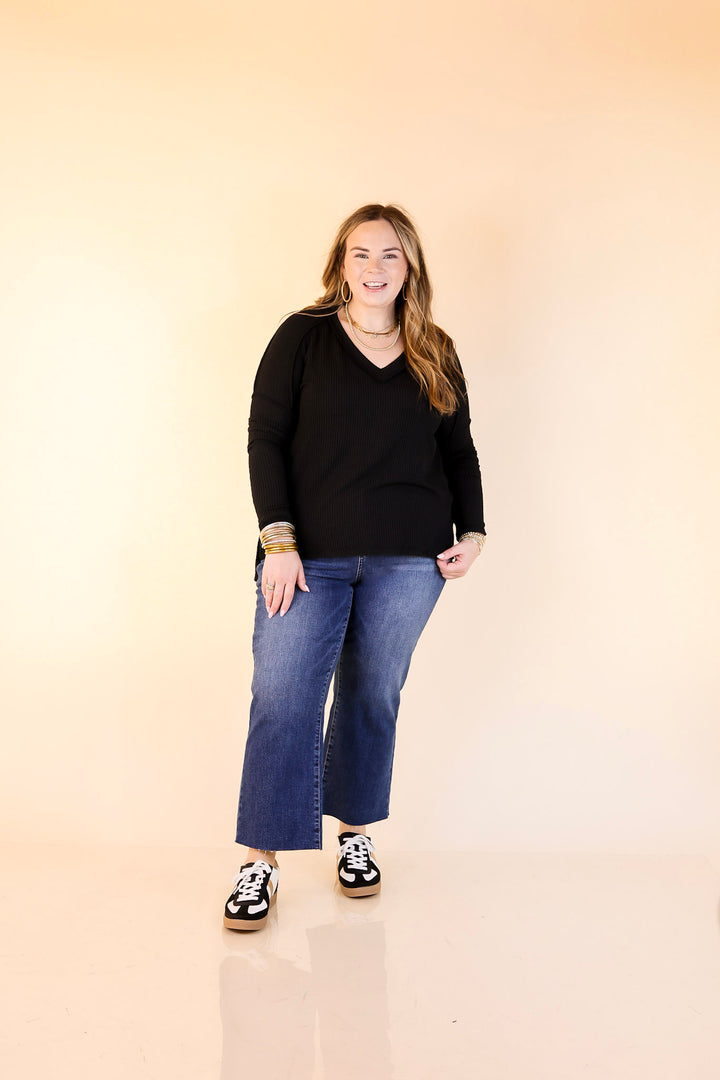 Daily Perfection V-Neck Long Sleeve Ribbed Top in Black